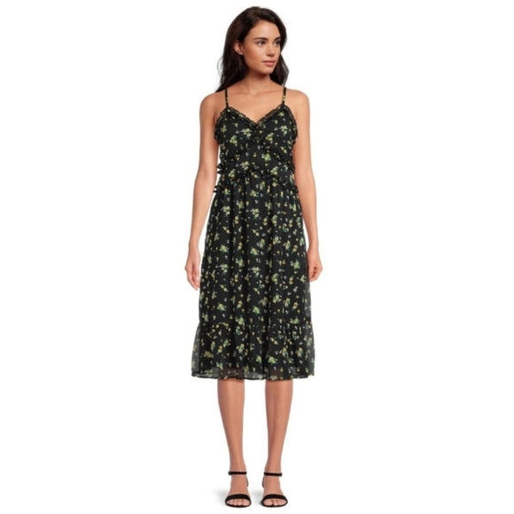 No Boundaries Dresses & Skirts - No Boundaries (Juniors L 11-13) Black Ditsy Floral Ruffle Midi Slip Sundress